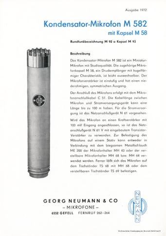 Neumann Gefell Prospekt M582/M58 Mikrofon 1972 deutsch