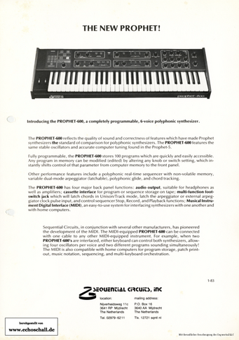 Sequential Circuits Brochure Prophet-600 Synthesizer 1983 english