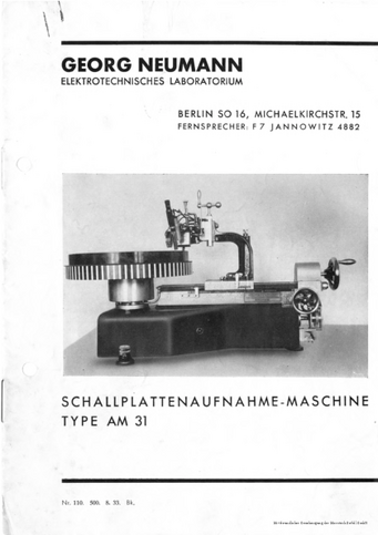 Neumann Prospekt AM31 Schallplattenaufnahme-Maschine 1933 deutsch