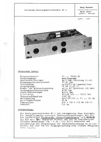 Neumann Prospekt WV2 Zweikanal-Wiedergabe-Verstärker 1958 deutsch