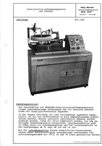 Neumann Prospekt AM32 Schallplatten-Aufnahmeapparatur 1956 deutsch